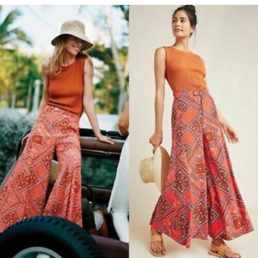 Anthropologie Wide Leg Red Printed Palazzo Pants